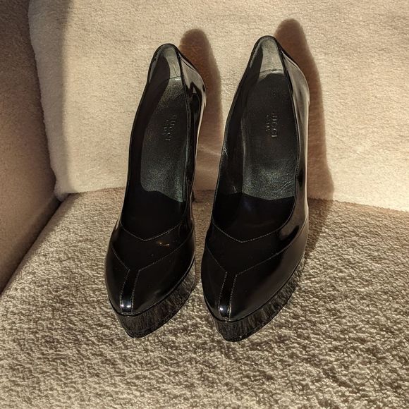 Gucci Black Prism Petro Patent Leather Wimbledon Platform Stilleto Heels - Picture 5 of 12